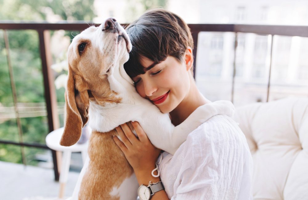 close-up-portrait-of-pleased-girl-with-short-brown-hair-embracing-funny-beagle-dog-with-eyes-closed